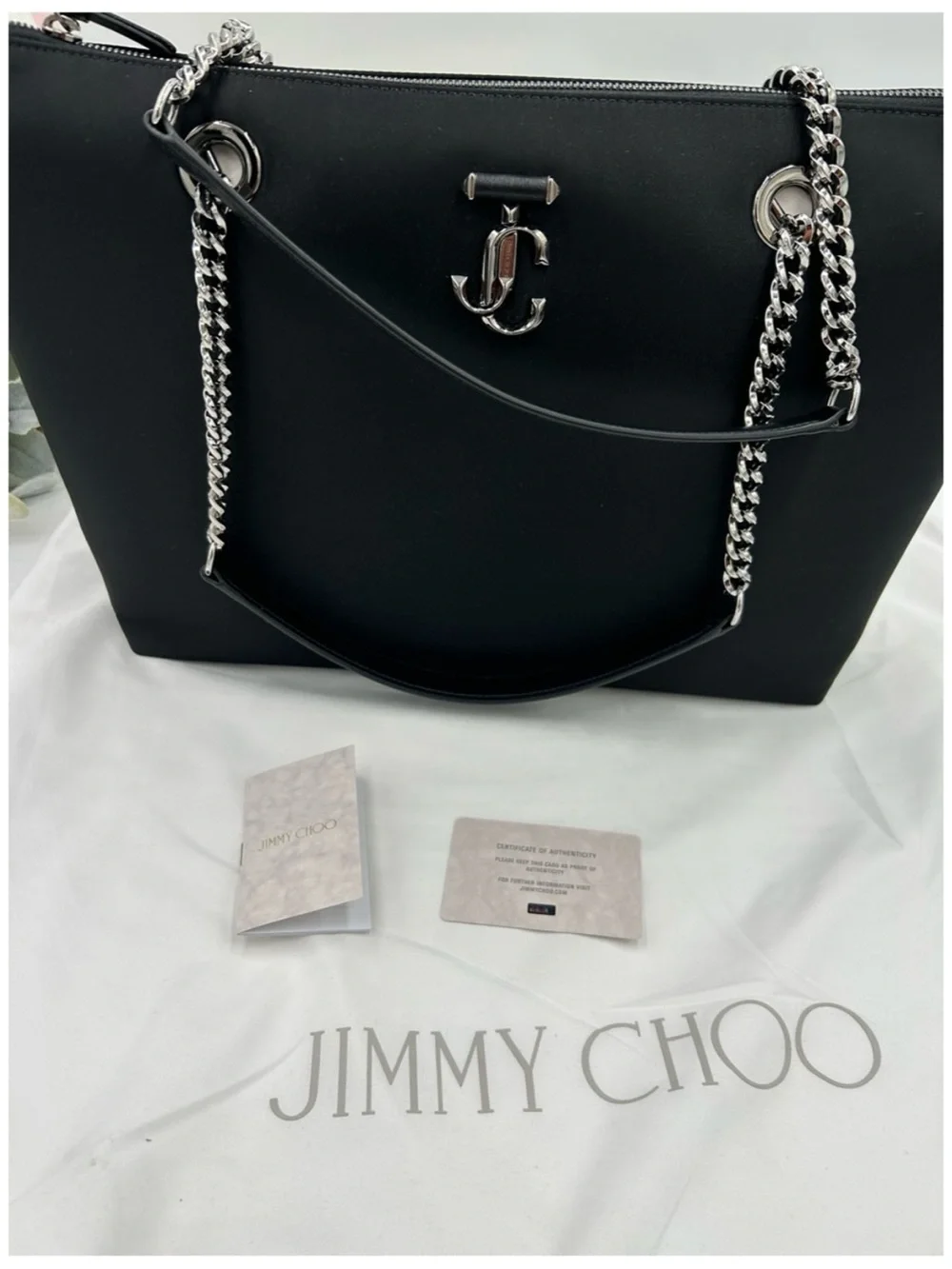 Jimmy Choo Black Tote Bag with Silver Chain Handles and iconic logo